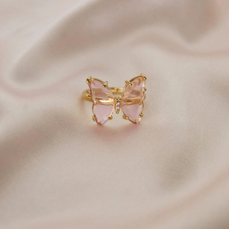 Female crystal glass butterfly ring