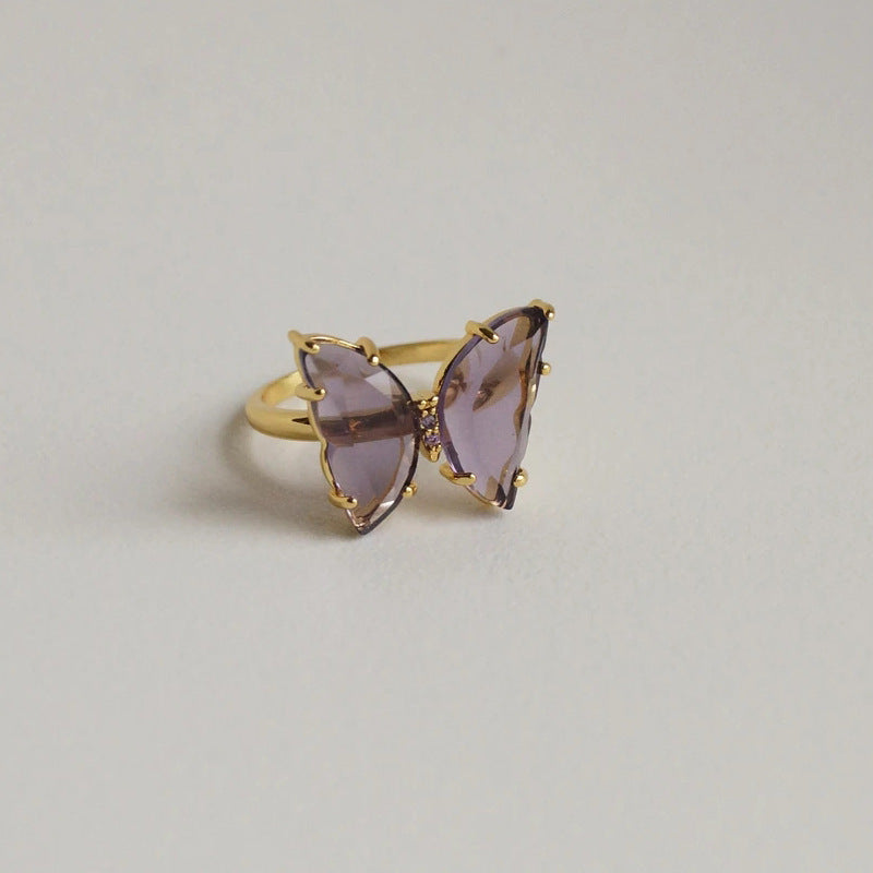 Female crystal glass butterfly ring
