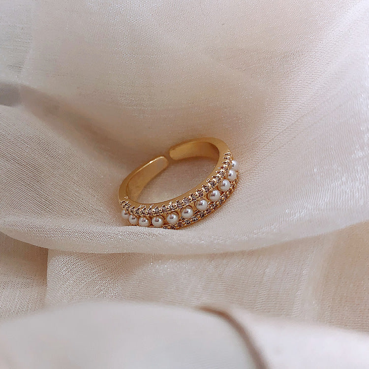 Real Gold Color Preserving Plating Korean Diamond Pearl Ring