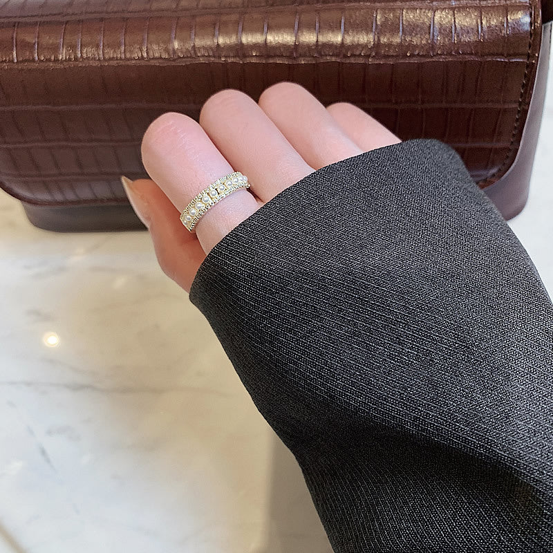 Real Gold Color Preserving Plating Korean Diamond Pearl Ring