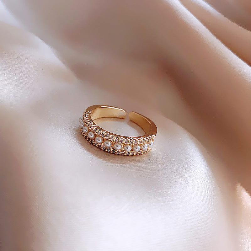 Real Gold Color Preserving Plating Korean Diamond Pearl Ring