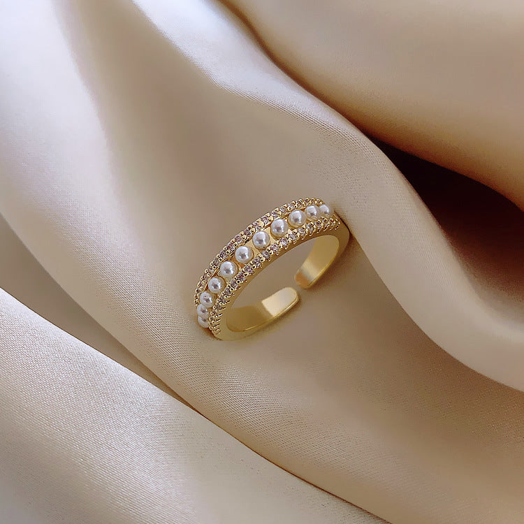 Real Gold Color Preserving Plating Korean Diamond Pearl Ring