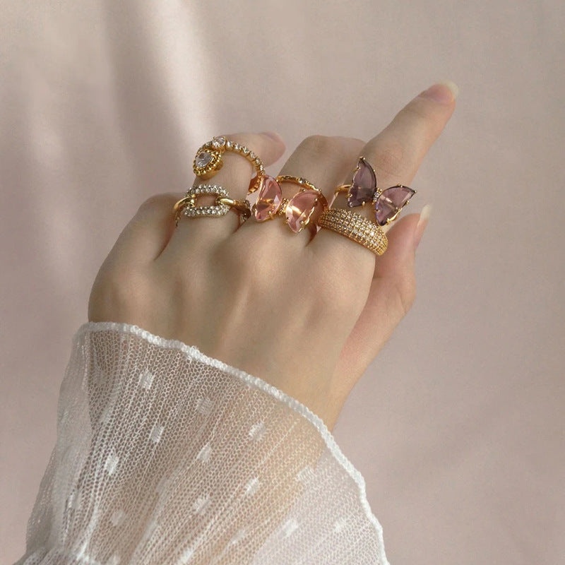 Female crystal glass butterfly ring