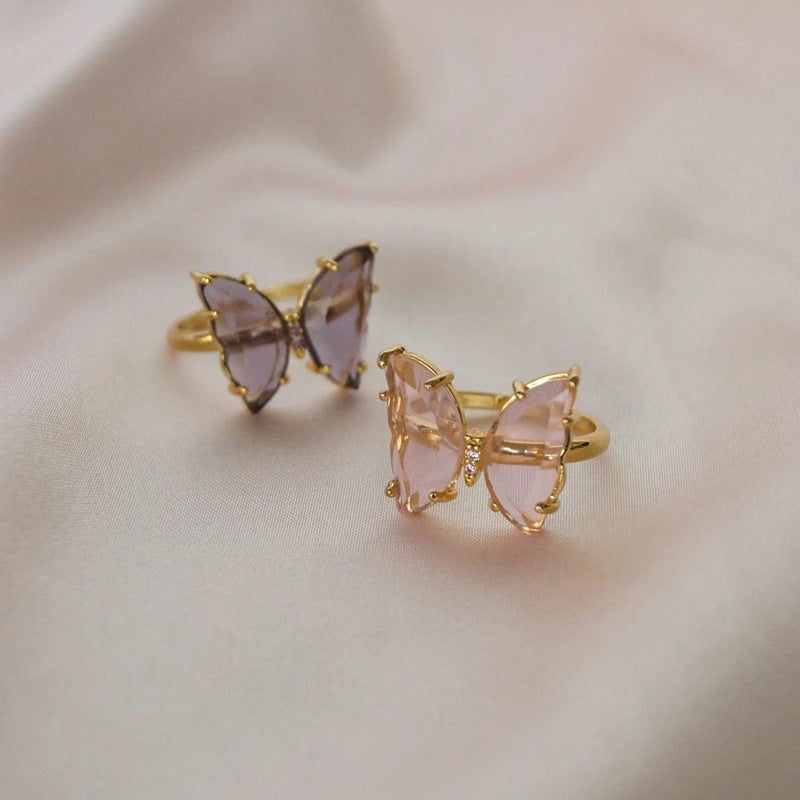 Female crystal glass butterfly ring