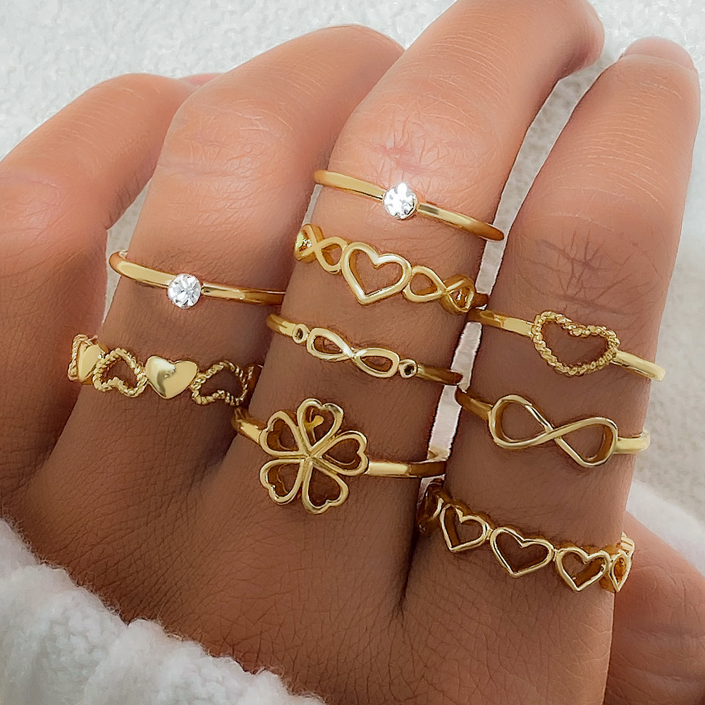 Gold Color Heart Rings 9pcs Sets For Women Vintage