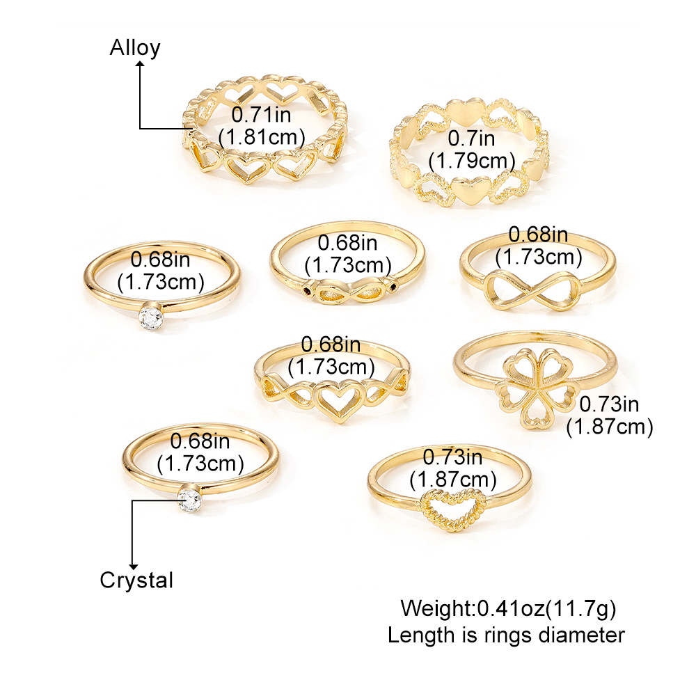 Gold Color Heart Rings 9pcs Sets For Women Vintage