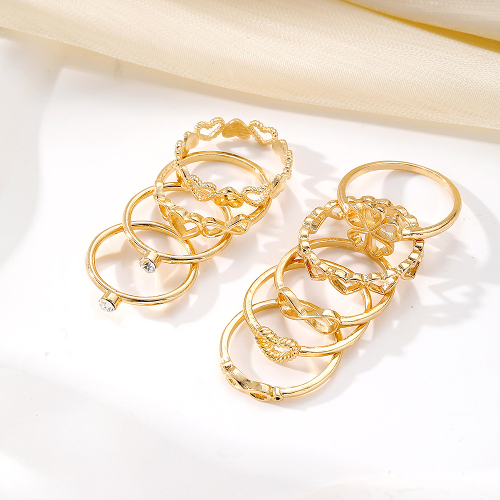 Gold Color Heart Rings 9pcs Sets For Women Vintage
