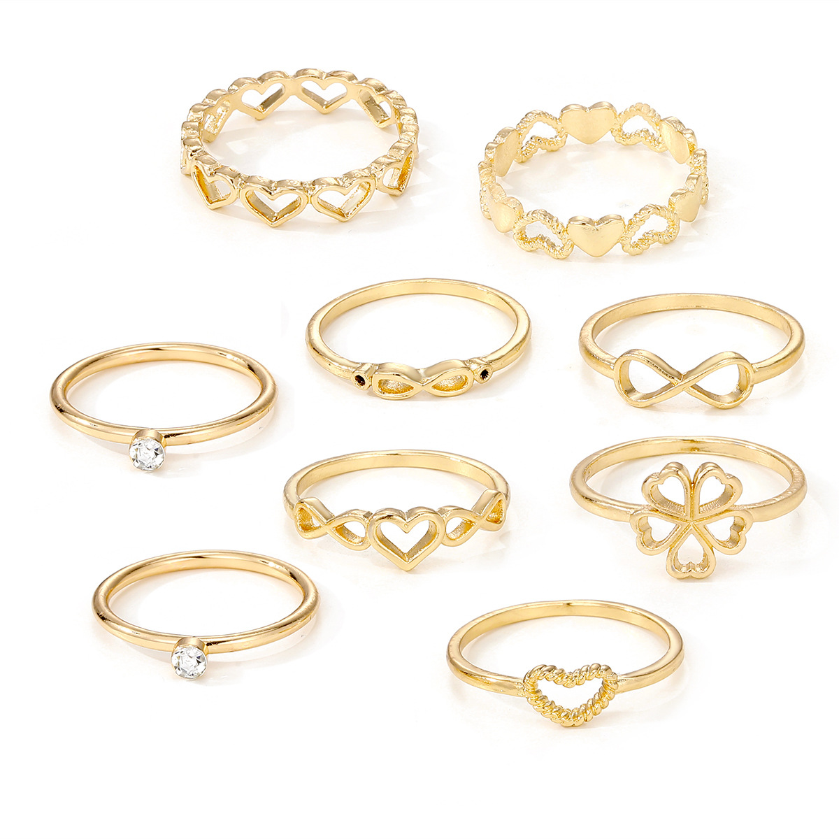 Gold Color Heart Rings 9pcs Sets For Women Vintage